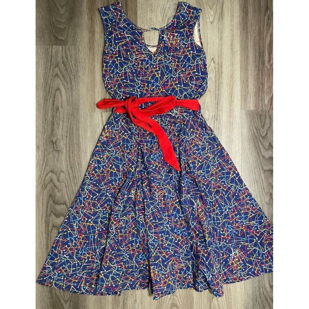 Effie’s Heart Colorful Retro Print Dress Sleeveless Cotton Belted Size M Blue